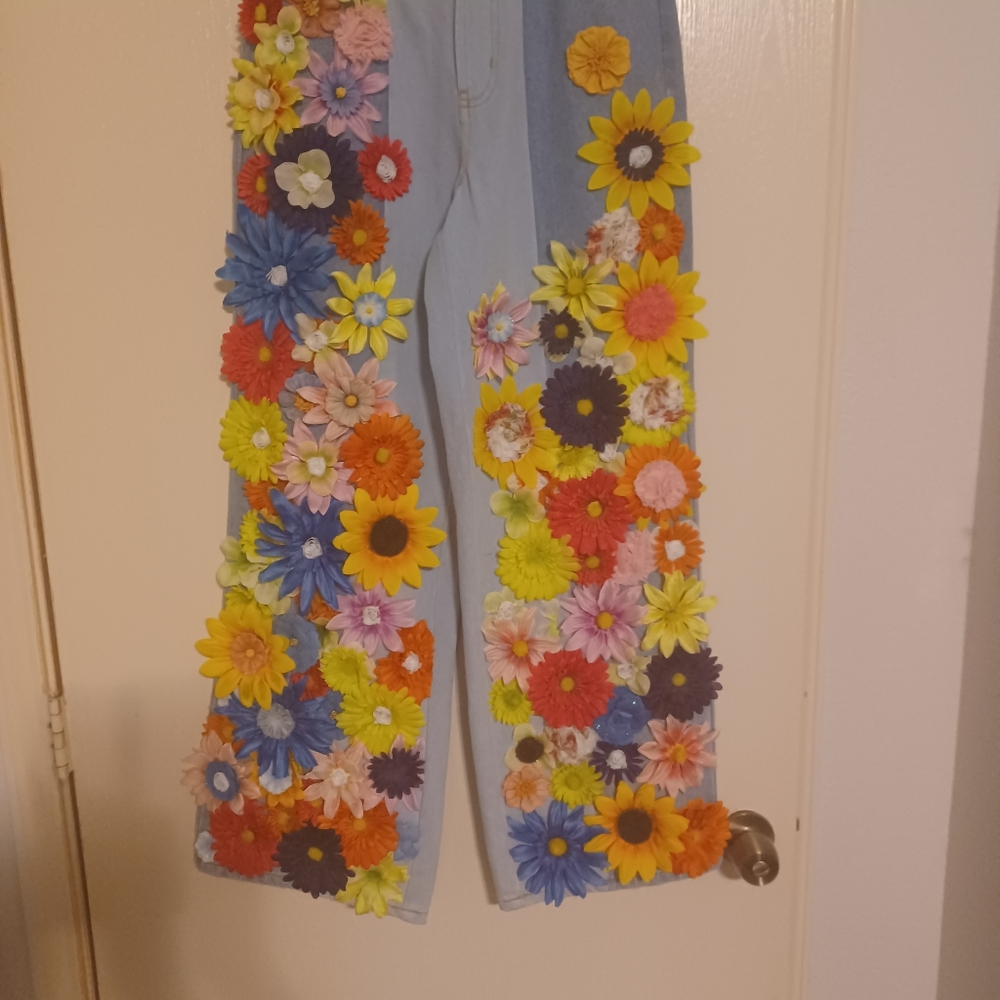 Handcrafted Jeans with flowers ,All sizes